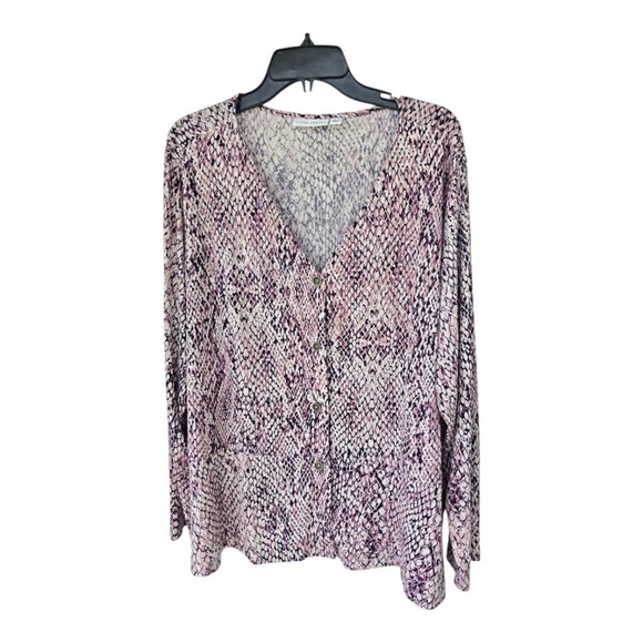 Susan Graver Women Printed Liquid Knit Button Front Peplum Top Plum 3X Plus Size - Picture 2 of 12